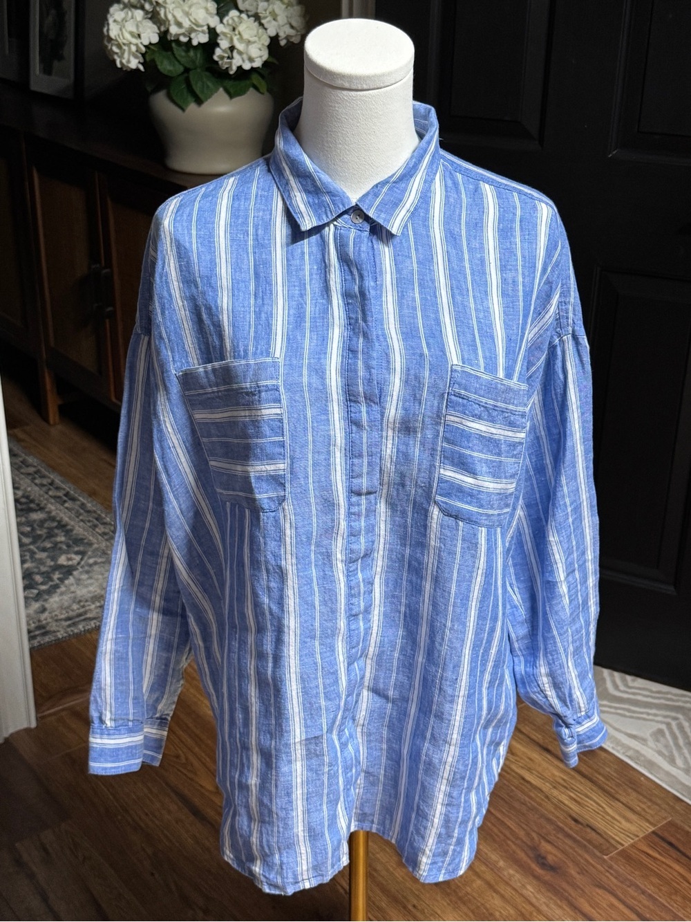 {J. Jill} Petite Blue White Cabana Stripe 100% Linen Button Down Top Shirt WSH23